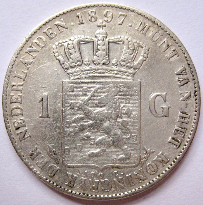 Holland. Wilhelmina. 1 Gulden 1897 Hangend Haar  (Ingen mindstepris)