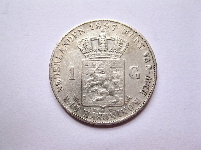 Holland. Wilhelmina. 1 Gulden 1897 Hangend Haar  (Ingen mindstepris)