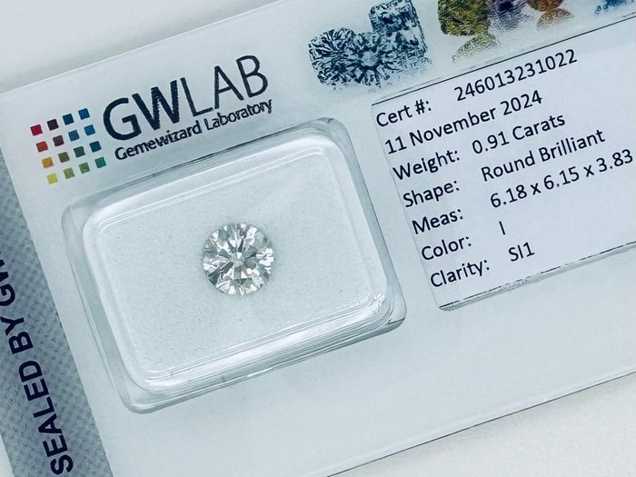 Ingen mindstepris - 1 pcs Diamant  (Natur)  - 0.91 ct - Rund - I - SI1 - Gemewizard Gemological Laboratory (GWLab)