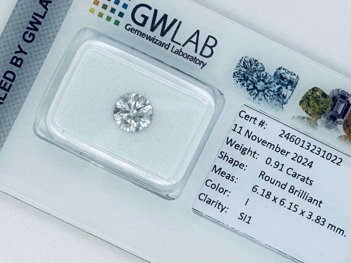 Ingen mindstepris - 1 pcs Diamant  (Natur)  - 0.91 ct - Rund - I - SI1 - Gemewizard Gemological Laboratory (GWLab)