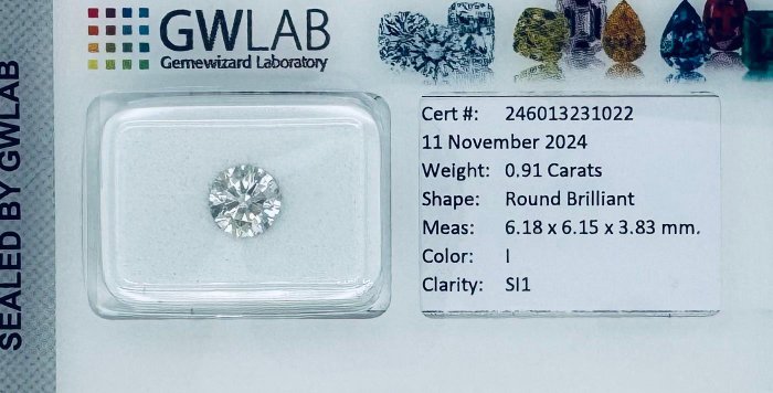 Ingen mindstepris - 1 pcs Diamant  (Natur)  - 0.91 ct - Rund - I - SI1 - Gemewizard Gemological Laboratory (GWLab)