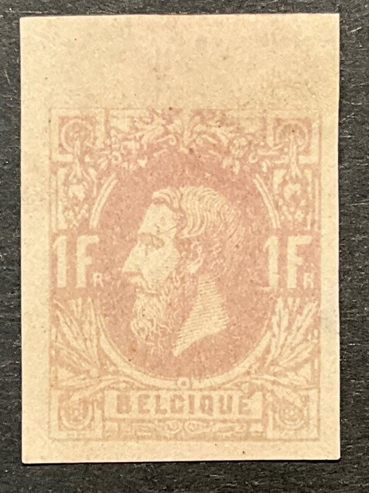 Belgien 1869/1883 - Leopold II 'New Types' 1fr Mauve - UPUTTED med SKIN EDGE - OBP36ND