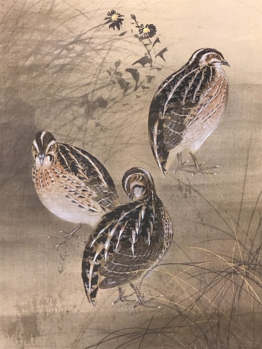 Very fine painting "Quails under autumn moonlight" - including inscribed tomobako - Imai Kageki (1891-1967) - Japan