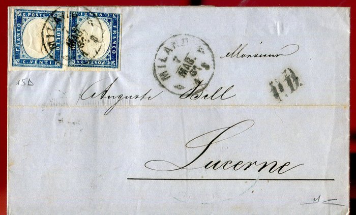 Antikke Italienske Stater - Sardinien 1855/1861 - Postforbindelser mellem Kongeriget Sardinien - nu Kongeriget Italien - og Schweiz. - Sassone 15D.