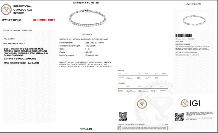 Armbånd - 14 karat Hvidguld -  4.40ct. tw. Diamant (Natur)