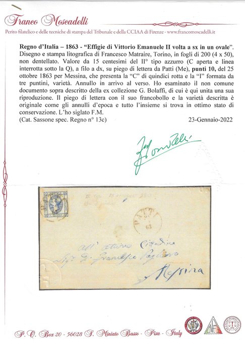 Italien Kongerige 1863 - Brev fra Patti til Messina, tidligere Bolaffi-samling (Patti pt. 10) - Sassone n. 13c