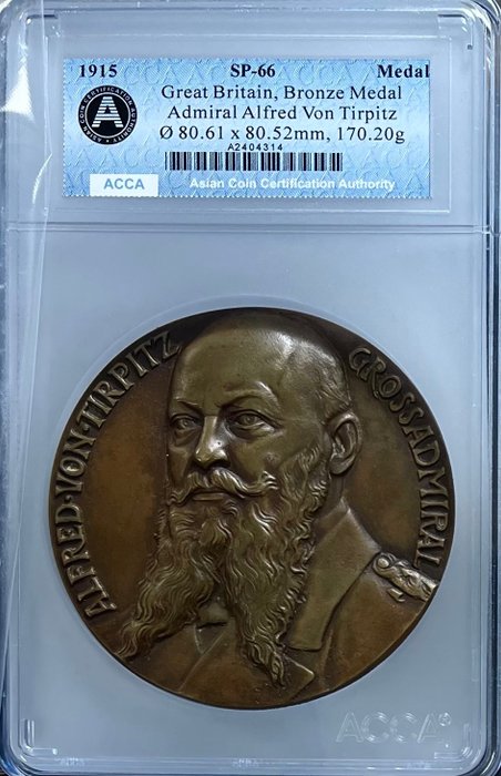 Tyskland, Emperie. A Medal commemorating Grossadmiral Alfred von Tirpitz (1849-1930), by Goetz. Bronze, 1915  (Ingen mindstepris)