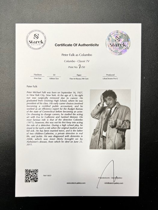 Columbo - Classic TV - Peter Falk as Inspector Columbo - Fine Art Photography - Luxury Wooden Framed 70X50 cm - Limited Edition Nr 14 of 50 - Serial ID 15622 - Original Certificate (COA), Hologram Logo Editor and QR Code - 100% New items.