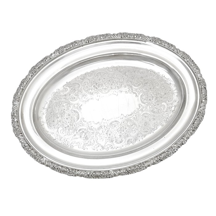 Art Nouveau oval serving tray/platter chased with scrolls - Levi and Salaman - Bakke - Forsølvet