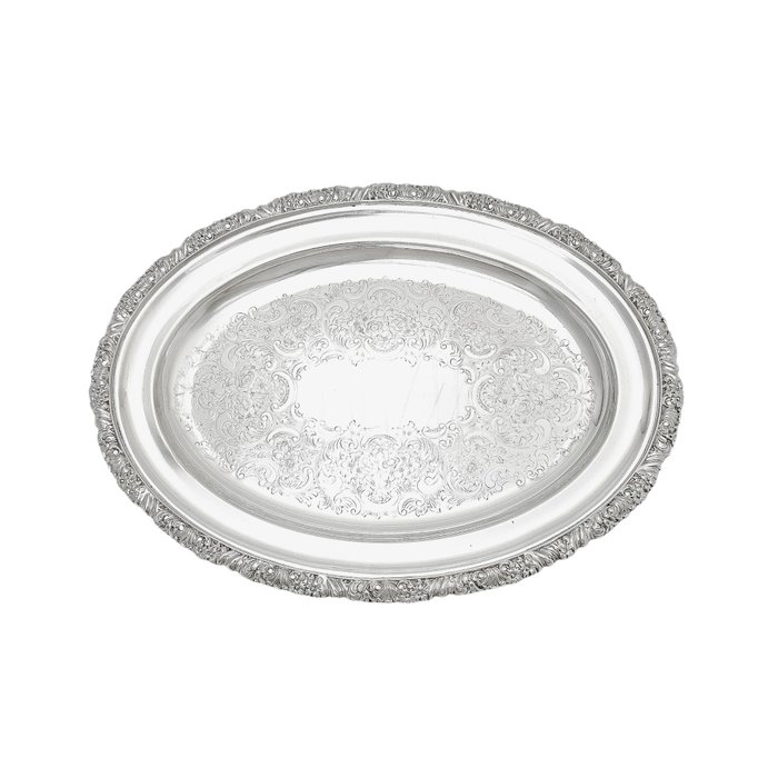 Art Nouveau oval serving tray/platter chased with scrolls - Levi and Salaman - Bakke - Forsølvet