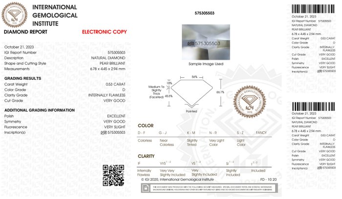 Ingen mindstepris - 1 pcs Diamant  (Natur)  - 0.53 ct - Pære - D (farveløs) - IF - International Gemological Institute (IGI) - *VG EX*