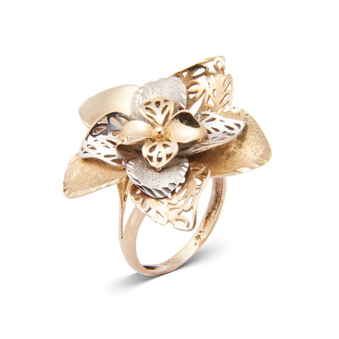 Ring - 14 karat Gulguld, Hvidguld, Unik Work Flower Ring Bicolour Gold, RS 60 - Unik blomst kvinde ring