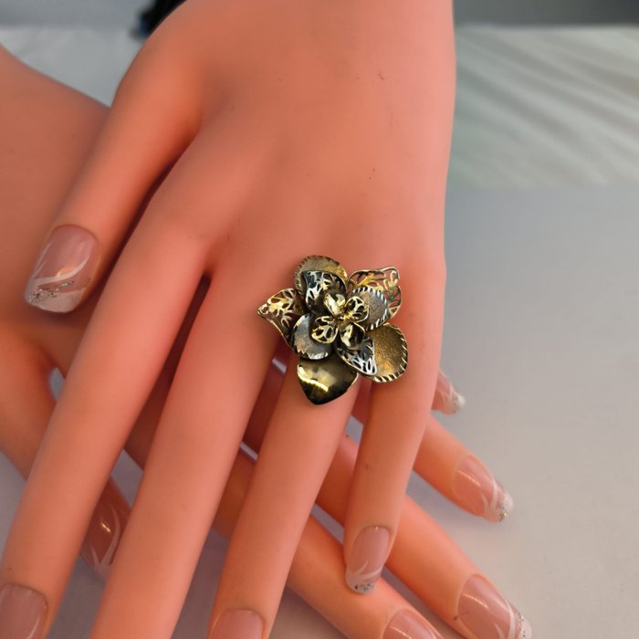 Ring - 14 karat Gulguld, Hvidguld, Unik Work Flower Ring Bicolour Gold, RS 60 - Unik blomst kvinde ring