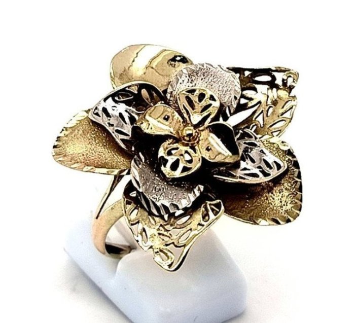 Ring - 14 karat Gulguld, Hvidguld, Unik Work Flower Ring Bicolour Gold, RS 60 - Unik blomst kvinde ring