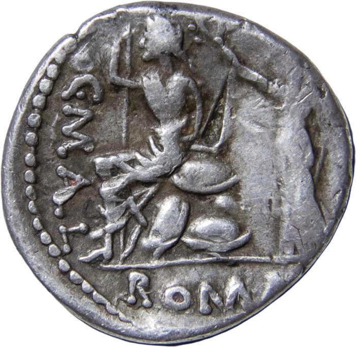 Romerska republiken C Publicius Malleolus c 96 fKr Dupondius Minted in Rome C•MAL / ROMA Roma seated left on shields