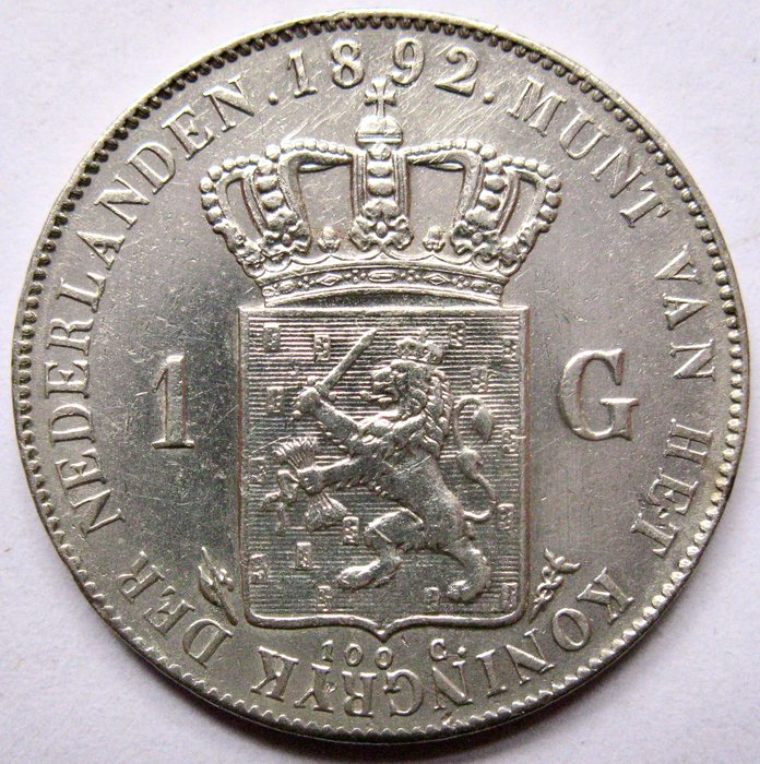 Holland. Wilhelmina. 1 Gulden 1892 Hangend Haar  (Ingen mindstepris)