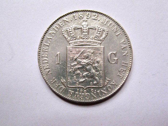 Holland. Wilhelmina. 1 Gulden 1892 Hangend Haar  (Ingen mindstepris)