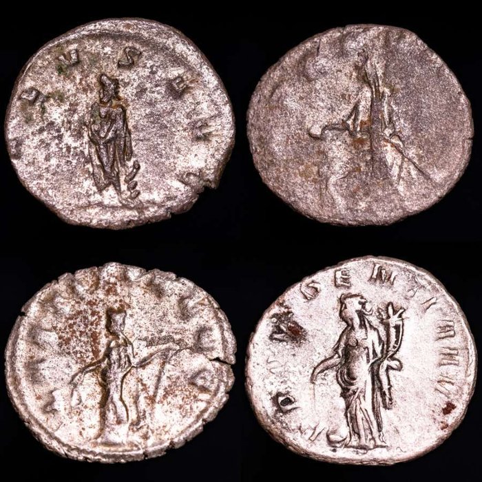 Romarriket. Gallienus (AD 253-268). Lot comprising four (4) antoninianus Rome and Mediolanum mints. 260-268 A.D. SALUS AVG - PMTRP COS II - LAETITIA AVG and PROVIDENCIA AVG  (Ingen mindstepris)