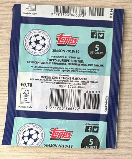 2018/19 Topps UEFA Champions League Stickers - 160 Booster pack - Næsten så god som ny (NM)