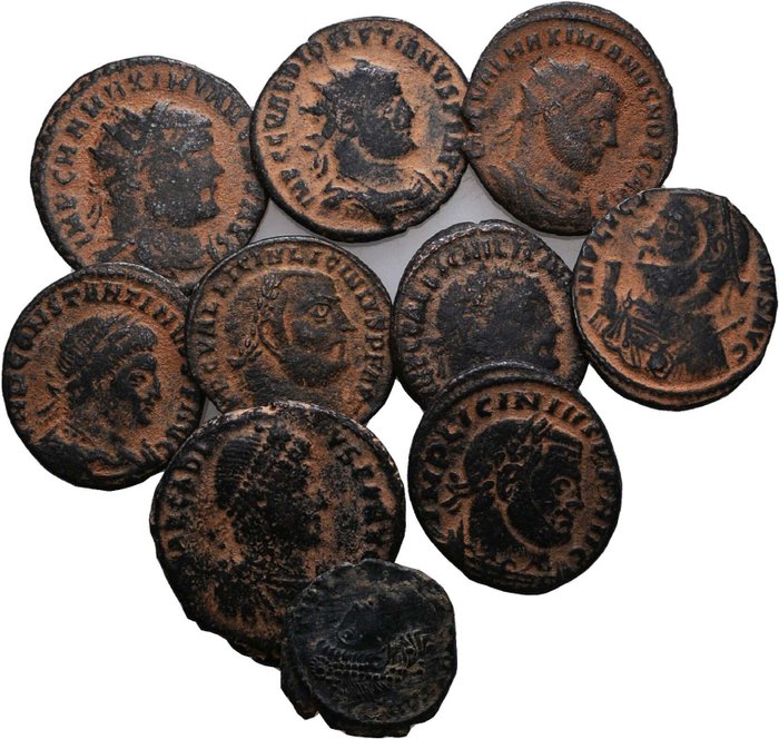 Romarriket. Lot of 10 coins. Late Roman Folles/Antoniniani, ca 3rd-4th century AD  (Ingen mindstepris)