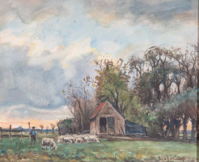 Johannes Jacobus van der Stap (1874-1940) - Landschap met Herder en kudde schapen