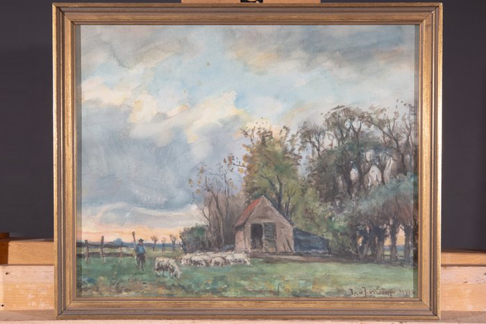 Johannes Jacobus van der Stap (1874-1940) - Landschap met Herder en kudde schapen