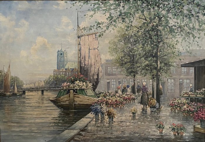 Dutch school (XX) - Hollandische hafen Blumenmarkt