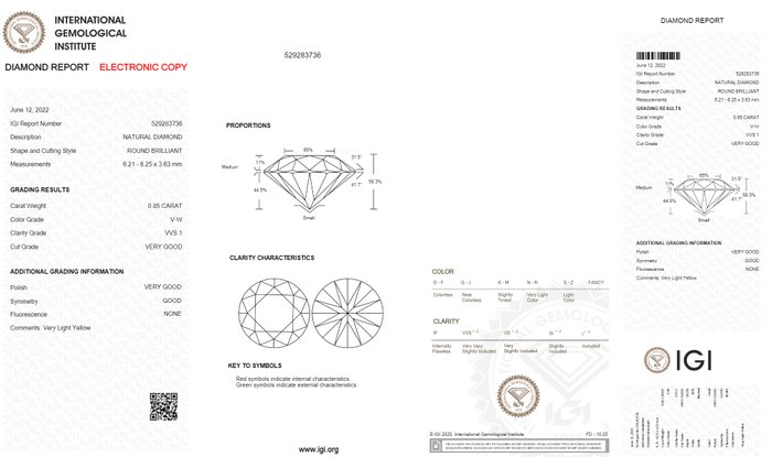 Ingen mindstepris - 1 pcs Diamant  (Naturfarvet)  - 0.85 ct - Rund - Very light Gul - VVS1 - International Gemological Institute (IGI)