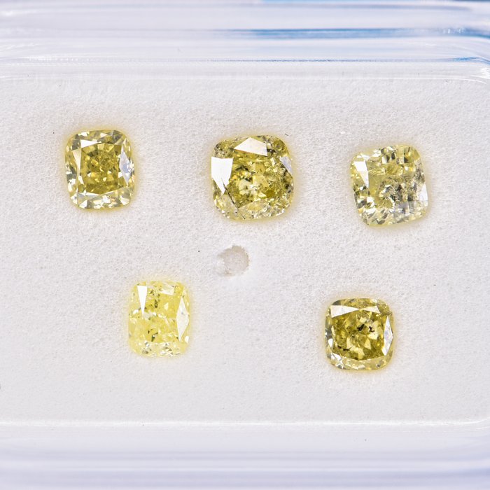 Ingen mindstepris - 5 pcs Diamant  (Naturfarvet)  - 1.07 ct - Pude - Fancy Grøn Gul - I1, SI2 - International Gemological Institute (IGI)