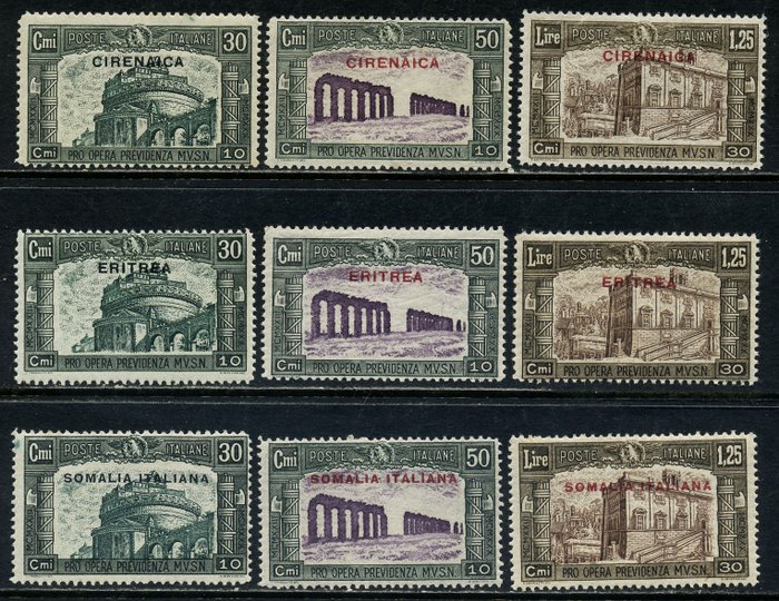 Cyrenaica/Eritrea/Somalia 1930 - Militia III-udgave, 3 sæt med 3 værdier hver. Katalog €1200