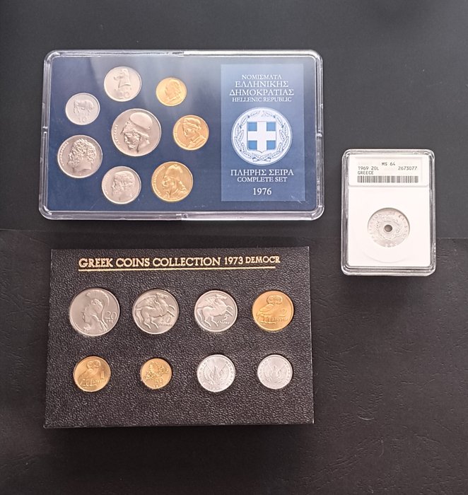 Grækenland. A Lot consisting of a Certified MS64 20 Lepta, together with 2x Greek Coin Sets 1969, 1973, 1976  (Ingen mindstepris)