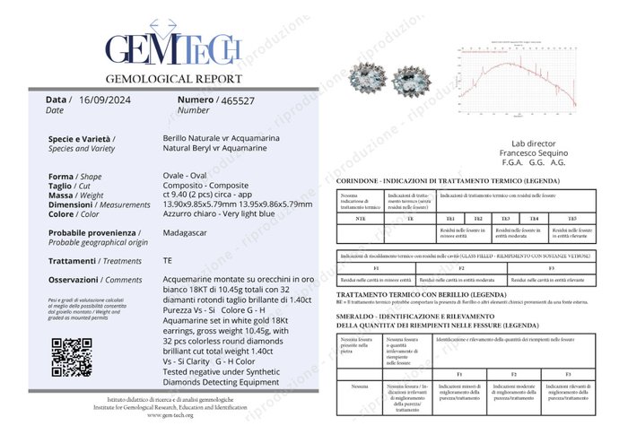 Øreringe - 18 kraat Hvidguld -  10.80ct. tw. Akvamarin - Diamant