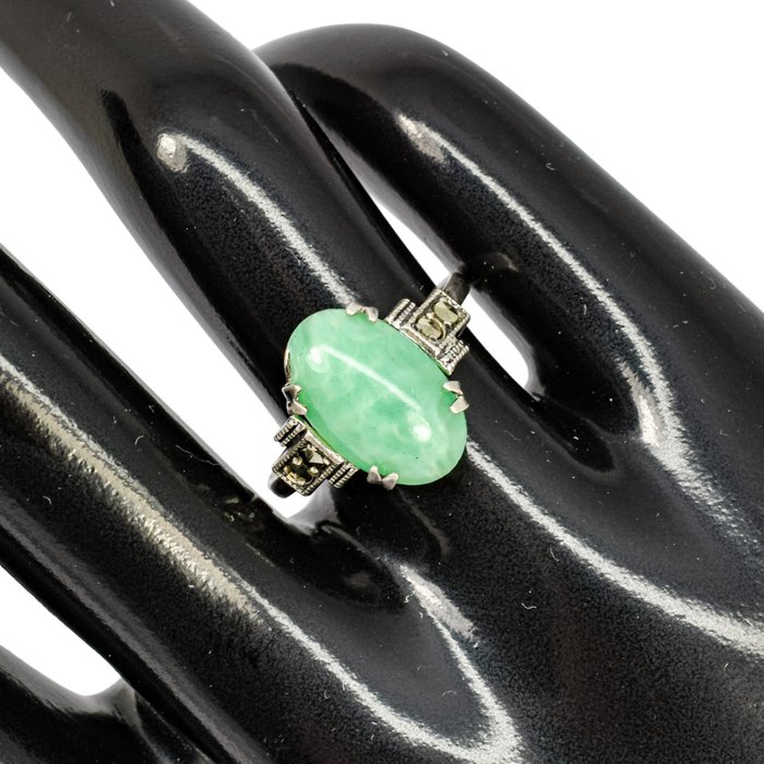 Ingen mindstepris - Cocktailring Sølv -  260ct tw Jade - Art Deco æblegrøn jade