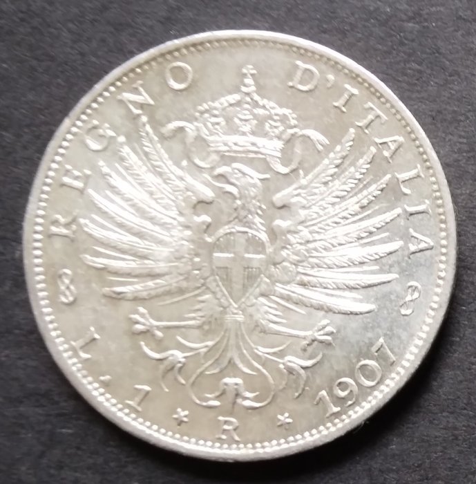 Italien, Kongeriget Italien. Vittorio Emanuele III di Savoia (1900-1946). 2 Lire 1907 "Aquila Sabauda"  (Ingen mindstepris)