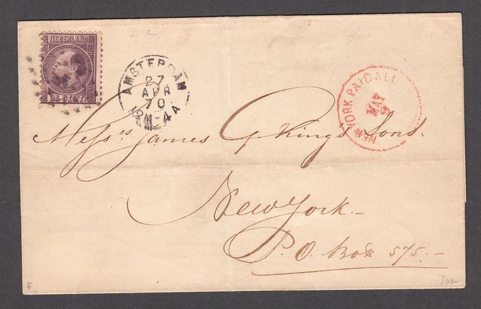 Holland 1867 - Kong William III postforsendelse til New York med NVPH 11