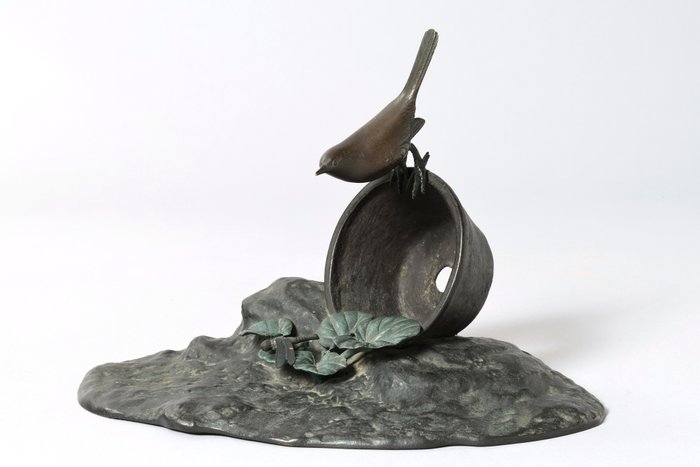 Ornament of Wagtail and Dragonfly by Masamitsu 正光 - Statue Kobberlegering - Japan