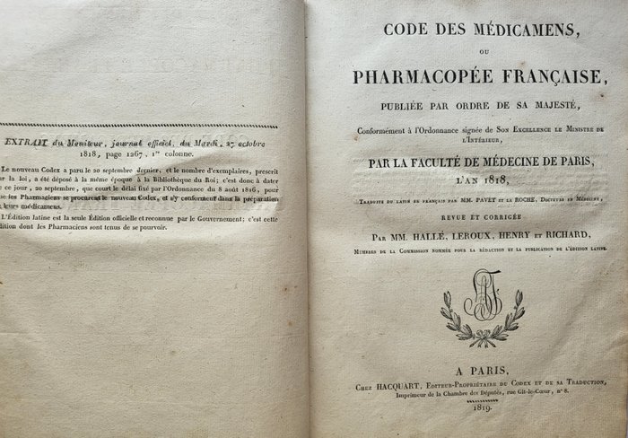 La Faculté de Médecine de Paris - Code des Médicamens ou Pharmacopée Française - 1819