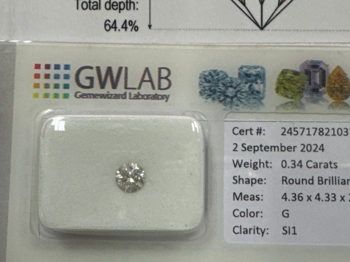 Ingen mindstepris - 1 pcs Diamant  (Natur)  - 0.34 ct - Rund - G - SI1 - Gemewizard Gemological Laboratory (GWLab)