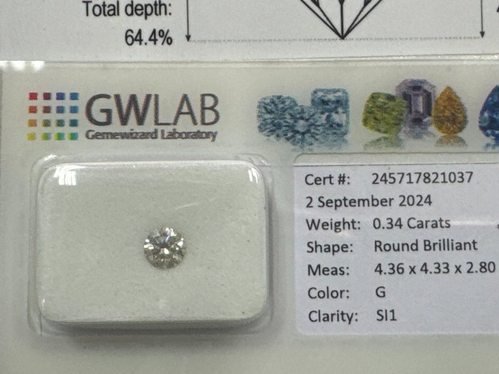 Ingen mindstepris - 1 pcs Diamant  (Natur)  - 0.34 ct - Rund - G - SI1 - Gemewizard Gemological Laboratory (GWLab)