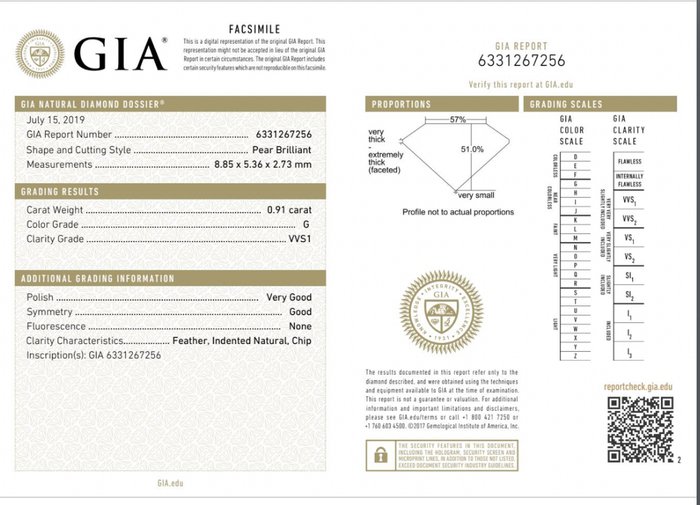 1 pcs Diamant  (Natur)  - 0.91 ct - Pære - G - VVS1 - Gemological Institute of America (GIA)