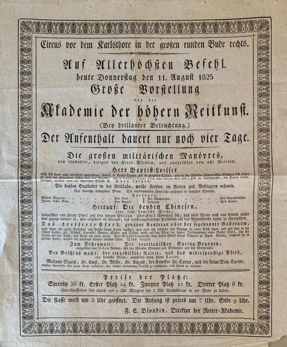 Blondin / Loisset - Große Vorstellung von der Akademie der Reitkunst - Zirkus-Ankündigungszettel - 1825