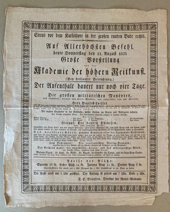 Blondin / Loisset - Große Vorstellung von der Akademie der Reitkunst - Zirkus-Ankündigungszettel - 1825