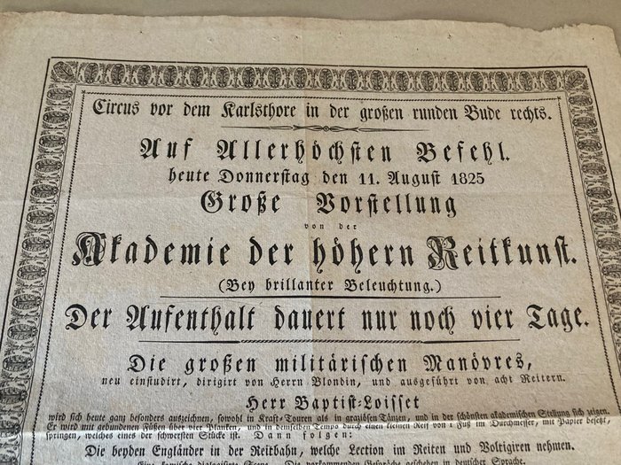 Blondin / Loisset - Große Vorstellung von der Akademie der Reitkunst - Zirkus-Ankündigungszettel - 1825