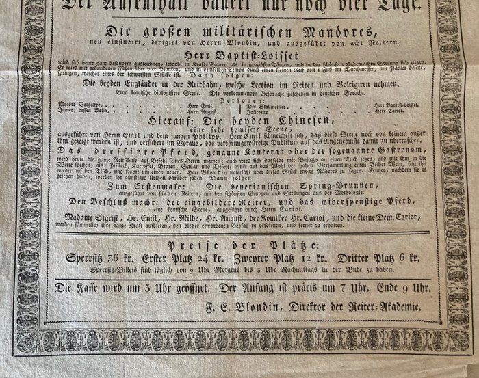 Blondin / Loisset - Große Vorstellung von der Akademie der Reitkunst - Zirkus-Ankündigungszettel - 1825