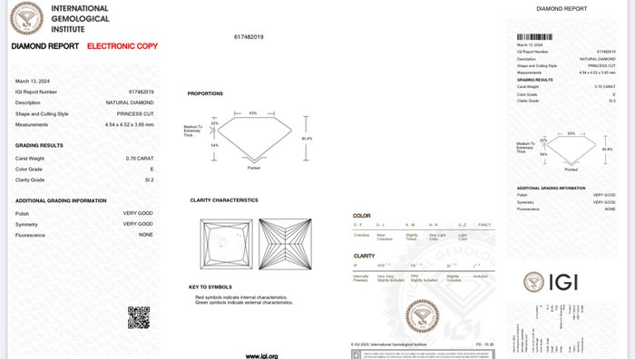 1 pcs Diamant  (Natur)  - 0.70 ct - Kvadrat - E - SI2 - International Gemological Institute (IGI)