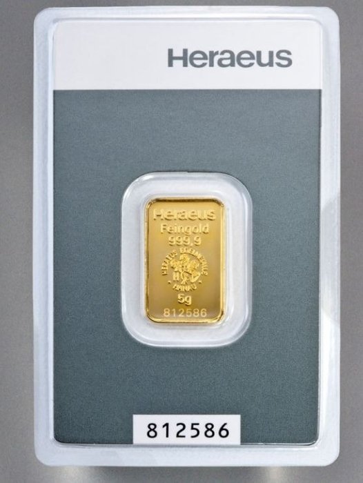 5 gram - Guld 999 - Heraeus, Germany, Kinebar - Forseglet