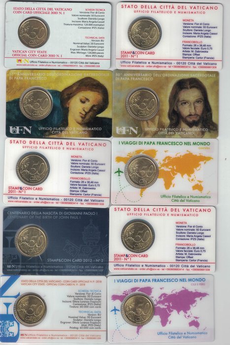 Vatikanstaten. Coin Card 2010/2019 (10 coincards)  (Ingen mindstepris)