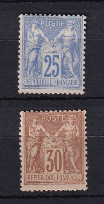 Frankrig 1876/1881 - kyst €780, salvie 25c ultramarin og 30c gulbrun - Yvert n°78 et 80