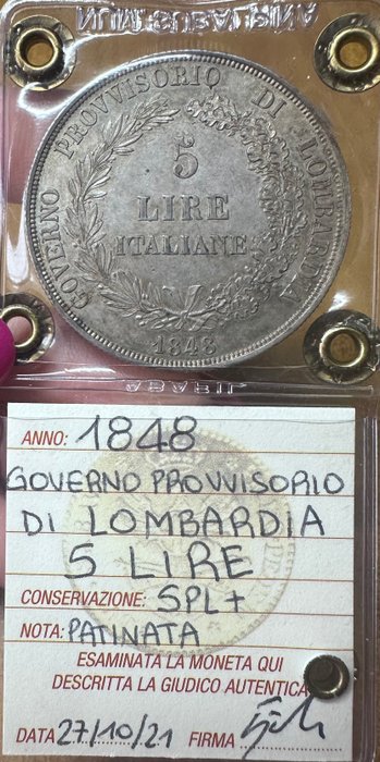 Lombardiets provisoriske regering. 5 Lire 1848