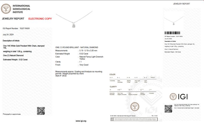 Ingen mindstepris - Halskæde med vedhæng - 14 karat Hvidguld -  0.52ct. tw. Gul Diamant (Naturfarvet) - IGI